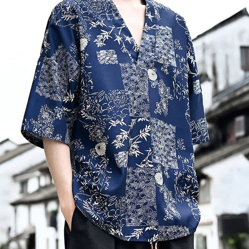 Buddha Stones T-shirts à manches courtes pour hommes, style Tang, imprimé floral, col en V, été décontracté - image 2
