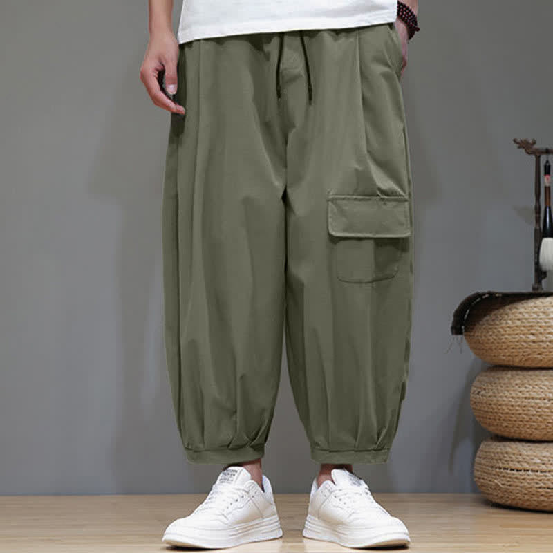 Buddha Stones Pantalon Capri uni décontracté d'été à cordon de serrage minimaliste, style harem pour homme avec poches - image 1