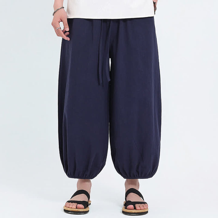 Buddha Stones Pantalon sarouel d'été décontracté à cordon de serrage, couleur unie, court, style Tang, avec poches - Bleu nuit - US/UK/AU46，EU56 (5XL) - image 0