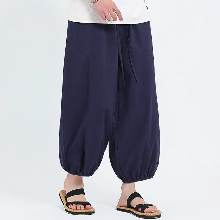 Buddha Stones Pantalon sarouel d'été décontracté à cordon de serrage, couleur unie, court, style Tang, avec poches - image 3