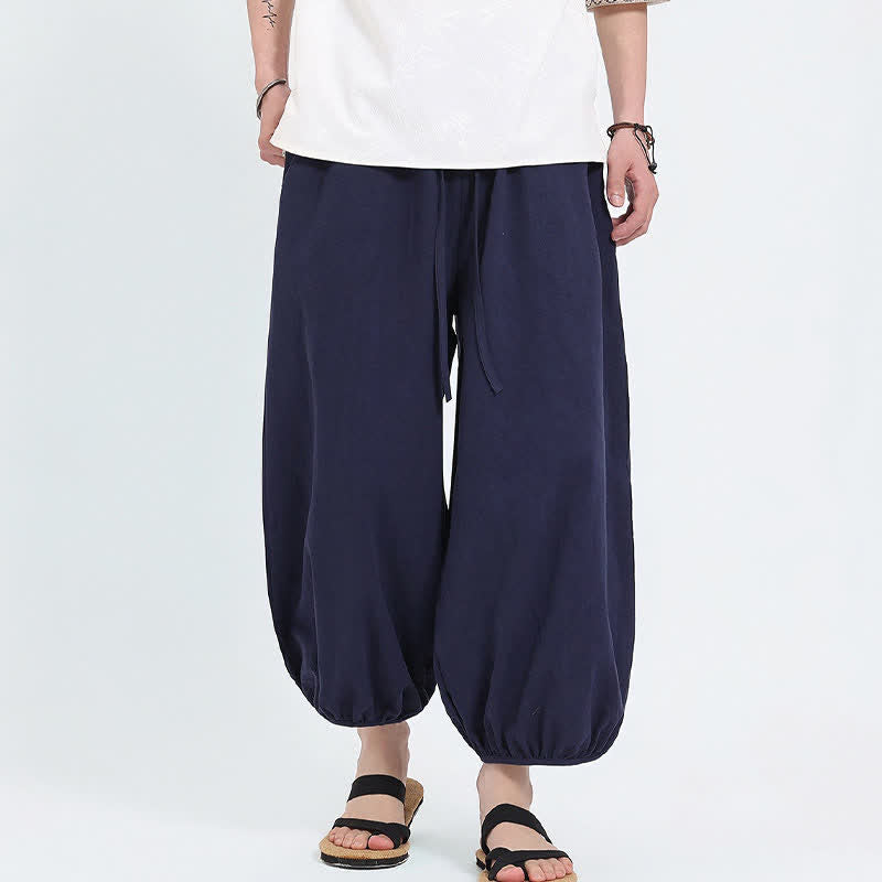 Buddha Stones Pantalon sarouel d'été décontracté à cordon de serrage, couleur unie, court, style Tang, avec poches - image 2