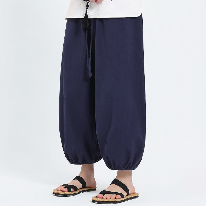 Buddha Stones Pantalon sarouel d'été décontracté à cordon de serrage, couleur unie, court, style Tang, avec poches - image 1