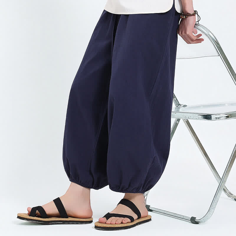 Buddha Stones Pantalon sarouel d'été décontracté à cordon de serrage, couleur unie, court, style Tang, avec poches - image 6