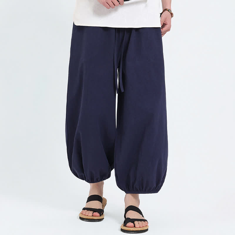 Buddha Stones Pantalon sarouel d'été décontracté à cordon de serrage, couleur unie, court, style Tang, avec poches - image 4