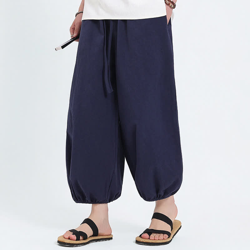 Buddha Stones Pantalon sarouel d'été décontracté à cordon de serrage, couleur unie, court, style Tang, avec poches - image 5