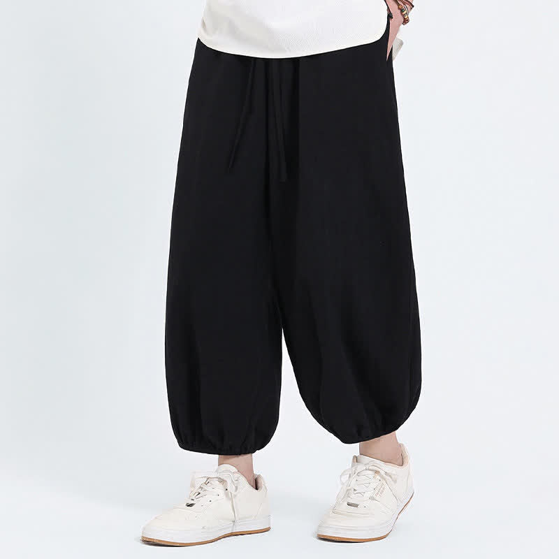 Buddha Stones Pantalon sarouel d'été décontracté à cordon de serrage, couleur unie, court, style Tang, avec poches - image 8