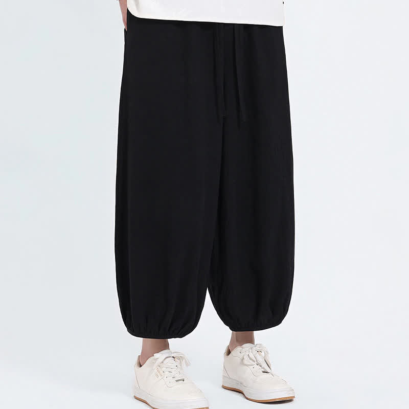 Buddha Stones Pantalon sarouel d'été décontracté à cordon de serrage, couleur unie, court, style Tang, avec poches - image 10