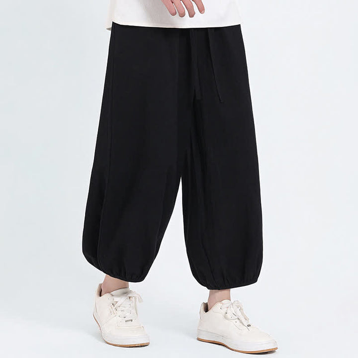 Buddha Stones Pantalon sarouel d'été décontracté à cordon de serrage, couleur unie, court, style Tang, avec poches - image 12