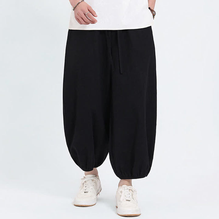 Buddha Stones Pantalon sarouel d'été décontracté à cordon de serrage, couleur unie, court, style Tang, avec poches - Noir - US/UK/AU46，EU56 (5XL) - image 7