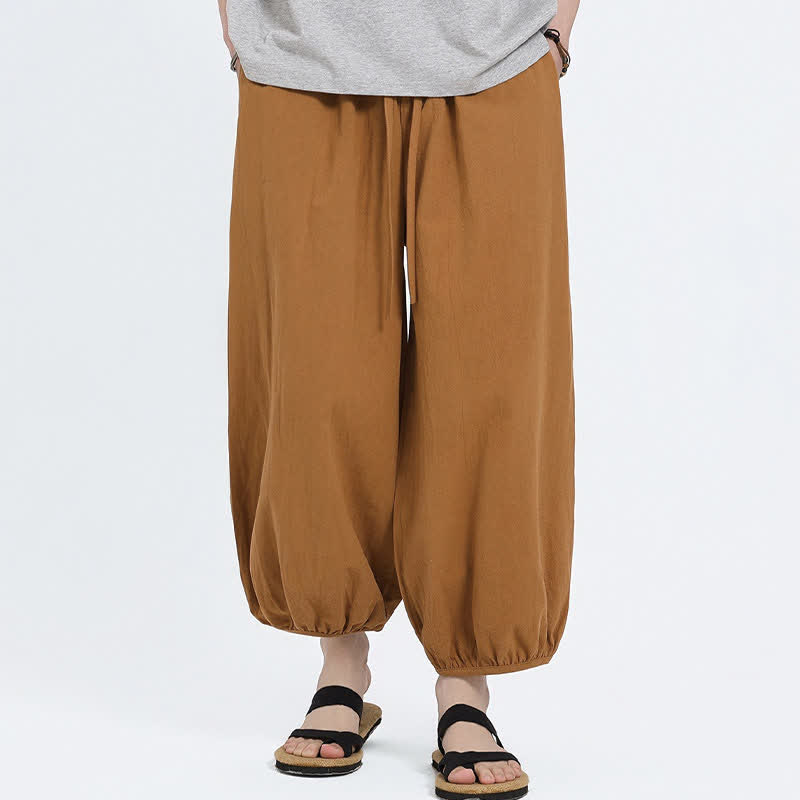 Buddha Stones Pantalon sarouel d'été décontracté à cordon de serrage, couleur unie, court, style Tang, avec poches - image 19