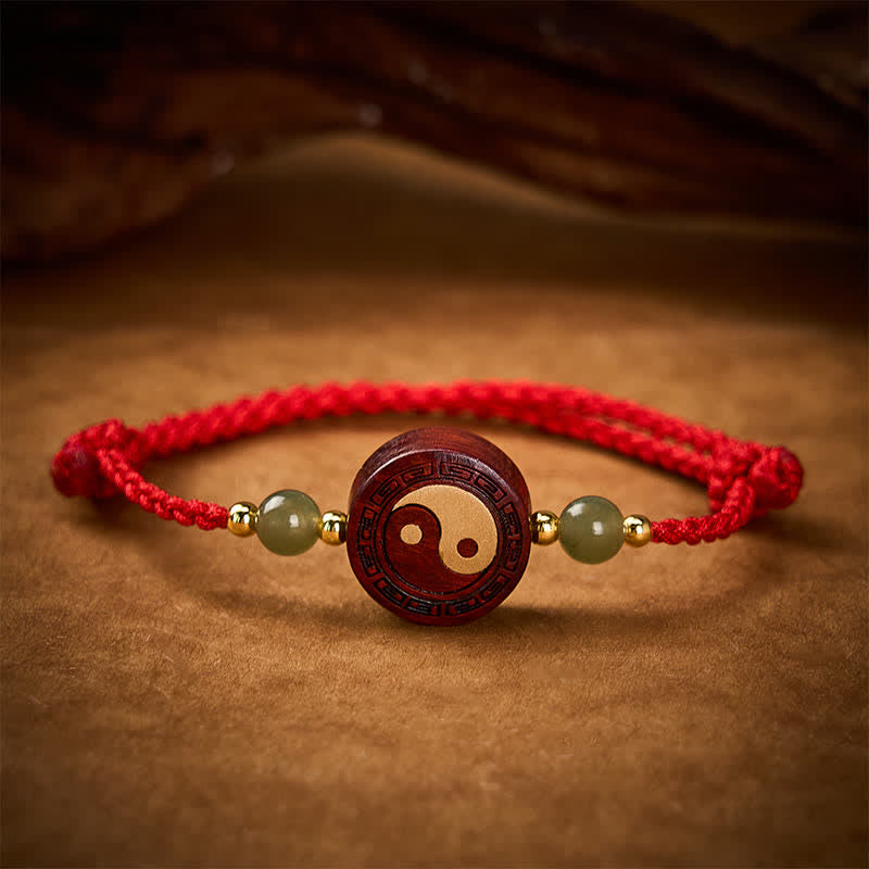 Buddha Stones Bracelet Yin-Yang en jade et bois de santal violet, fil rouge - image 2