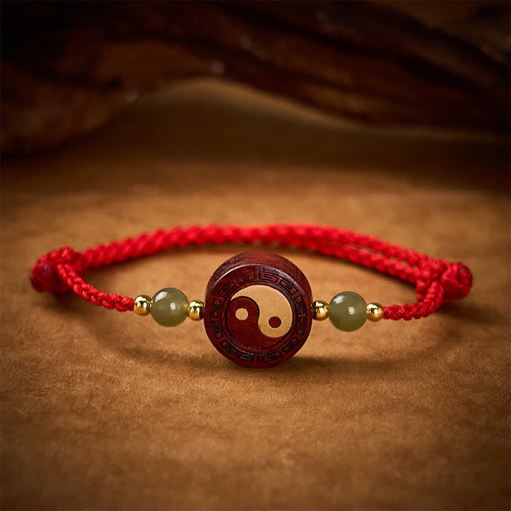 Buddha Stones Bracelet Yin-Yang en jade et bois de santal violet, fil rouge - image 2