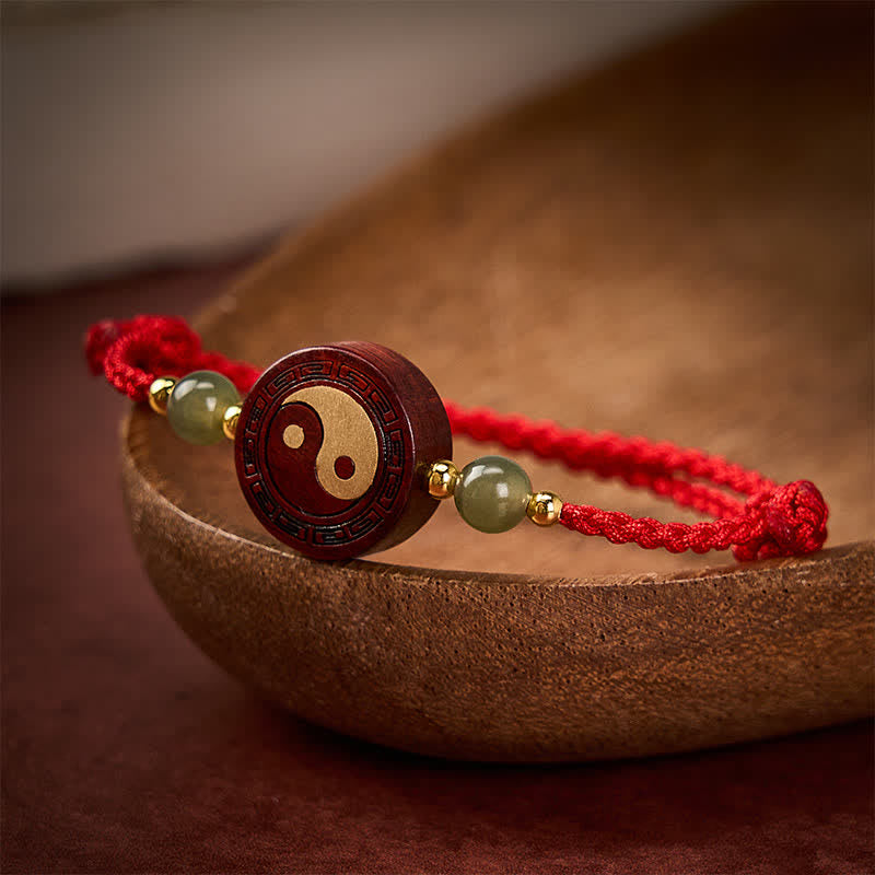 Buddha Stones Bracelet Yin-Yang en jade et bois de santal violet, fil rouge - image 3