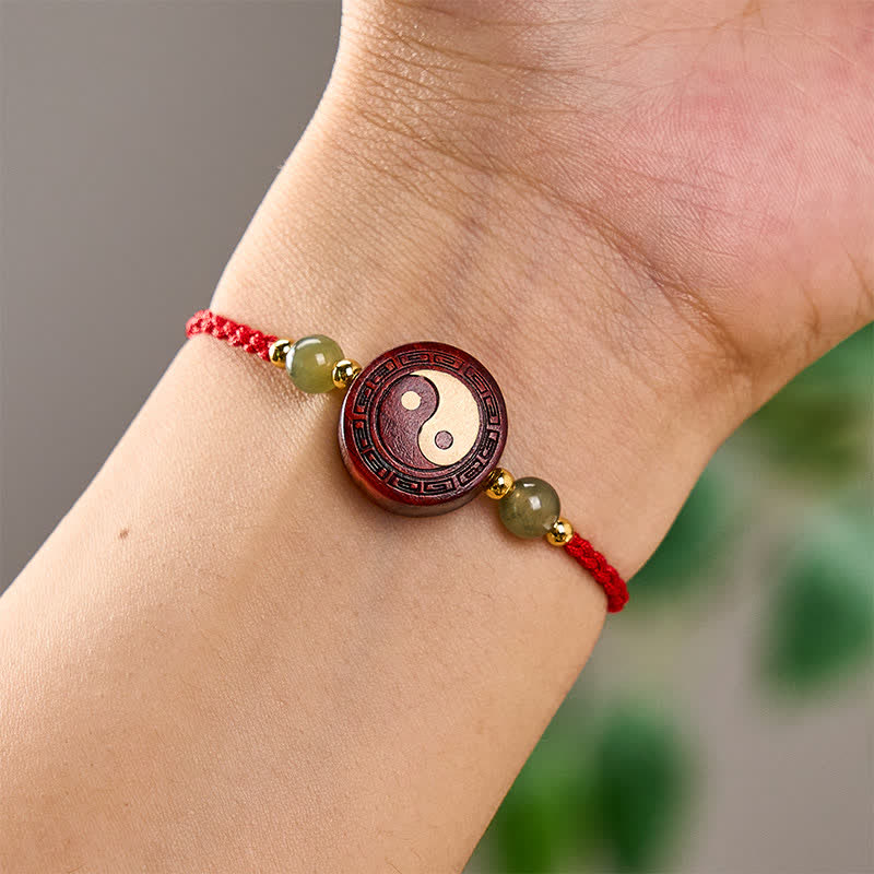 Buddha Stones Bracelet Yin-Yang en jade et bois de santal violet, fil rouge - image 8