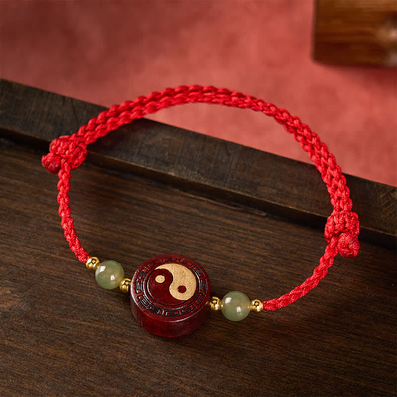 Buddha Stones Bracelet Yin-Yang en jade et bois de santal violet, fil rouge - image 1