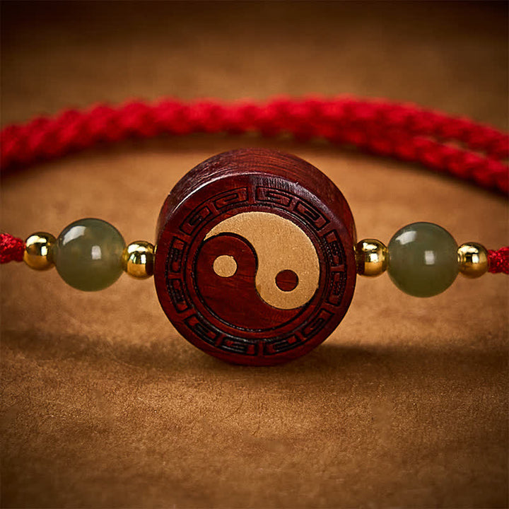 Buddha Stones Bracelet Yin-Yang en jade et bois de santal violet, fil rouge - image 4