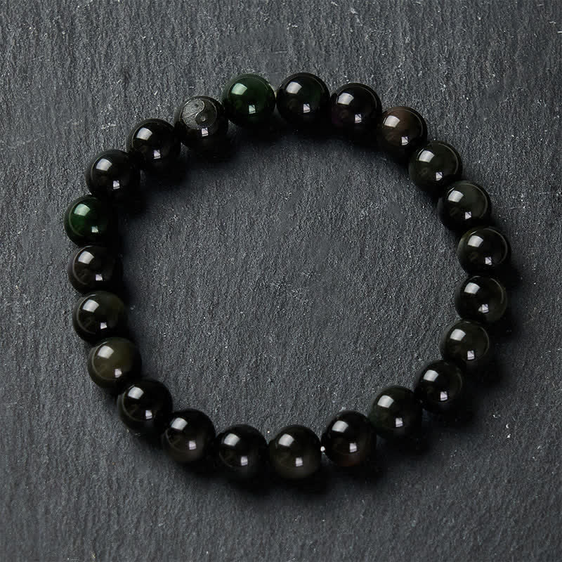 Buddha Stones Bracelet rond en obsidienne arc-en-ciel Yin Yang Balance, perles rondes - image 3