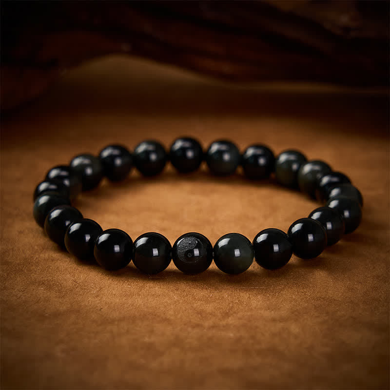 Buddha Stones Bracelet rond en obsidienne arc-en-ciel Yin Yang Balance, perles rondes - Obsidienne arc-en-ciel (changements de couleur selon la lumière) - 8 mm - image 0