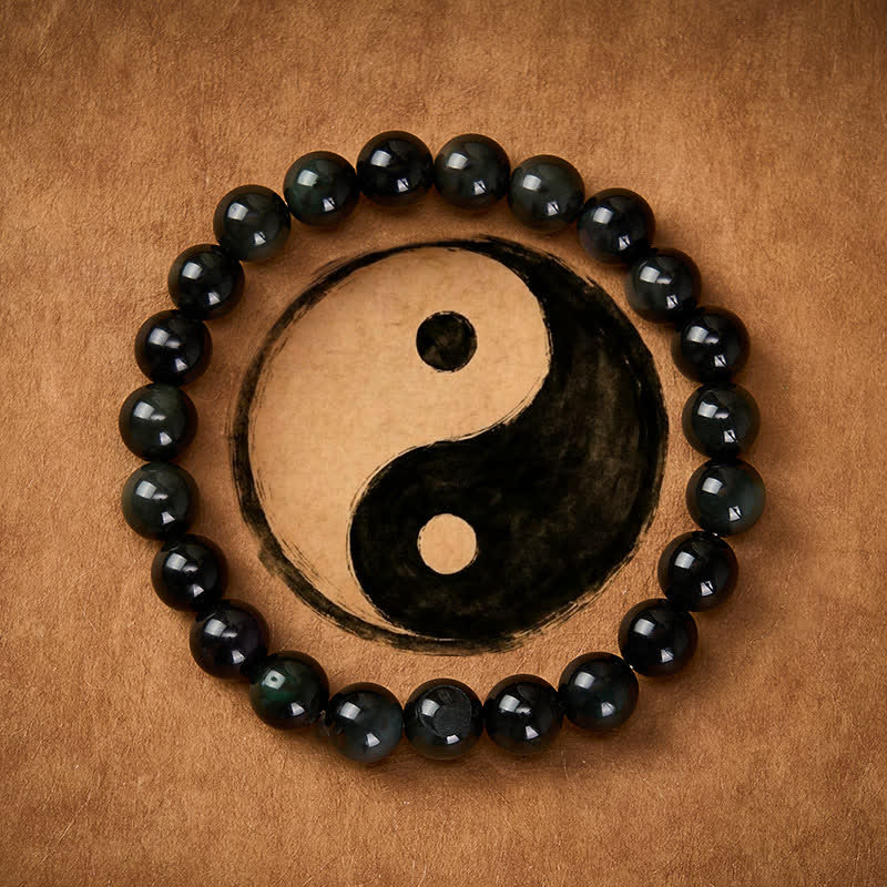 Buddha Stones Bracelet rond en obsidienne arc-en-ciel Yin Yang Balance, perles rondes - image 1