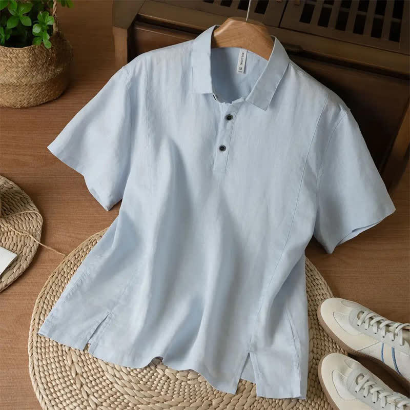 Buddha Stones Chemises à manches courtes pour hommes, style minimaliste décontracté d'été, boutonnées, unies - Bleu clair - US/UK/AU44, EU54 (4XL) - image 4
