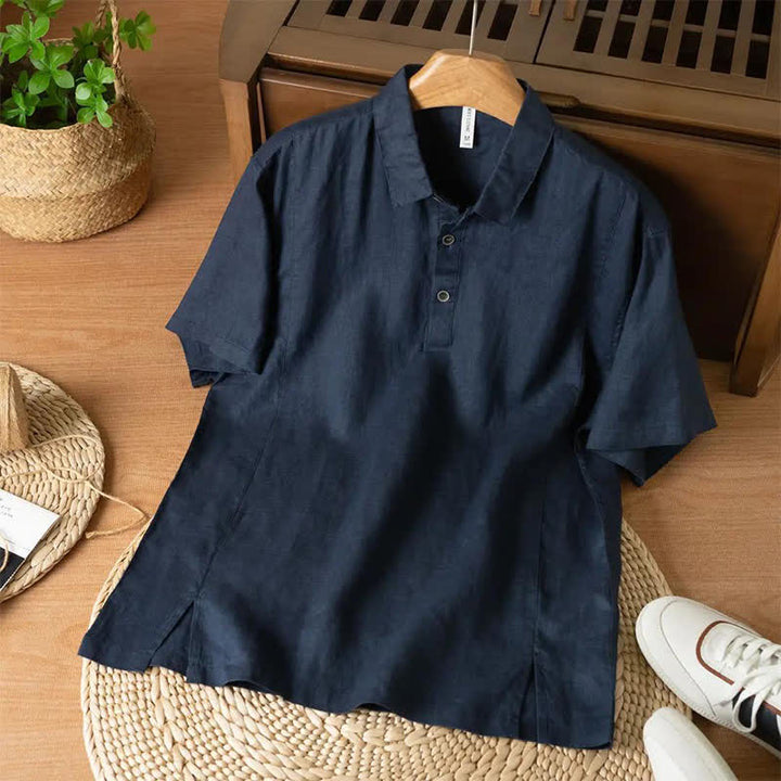 Buddha Stones Chemises à manches courtes pour hommes, style minimaliste décontracté d'été, boutonnées, unies - Bleu nuit - US/UK/AU44, EU54 (4XL) - image 3