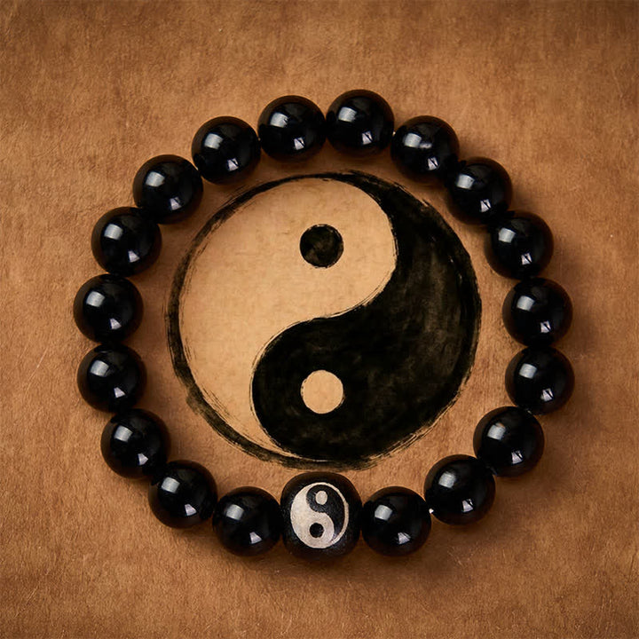 Buddha Stones Bracelet de protection en obsidienne noire tibétaine et onyx noir, perles Yin Yang - Obsidienne noire (Purification ♥ Force) - image 0