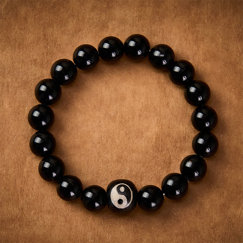 Buddha Stones Bracelet de protection en obsidienne noire tibétaine et onyx noir, perles Yin Yang - image 1