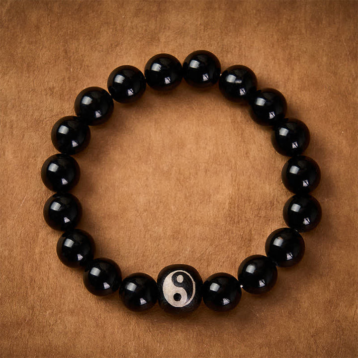 Buddha Stones Bracelet de protection en obsidienne noire tibétaine et onyx noir, perles Yin Yang - image 1