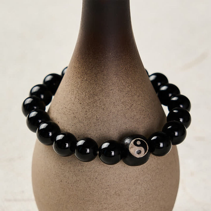 Buddha Stones Bracelet de protection en obsidienne noire tibétaine et onyx noir, perles Yin Yang - image 4