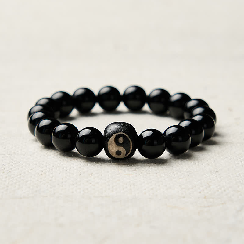 Buddha Stones Bracelet de protection en obsidienne noire tibétaine et onyx noir, perles Yin Yang - image 8