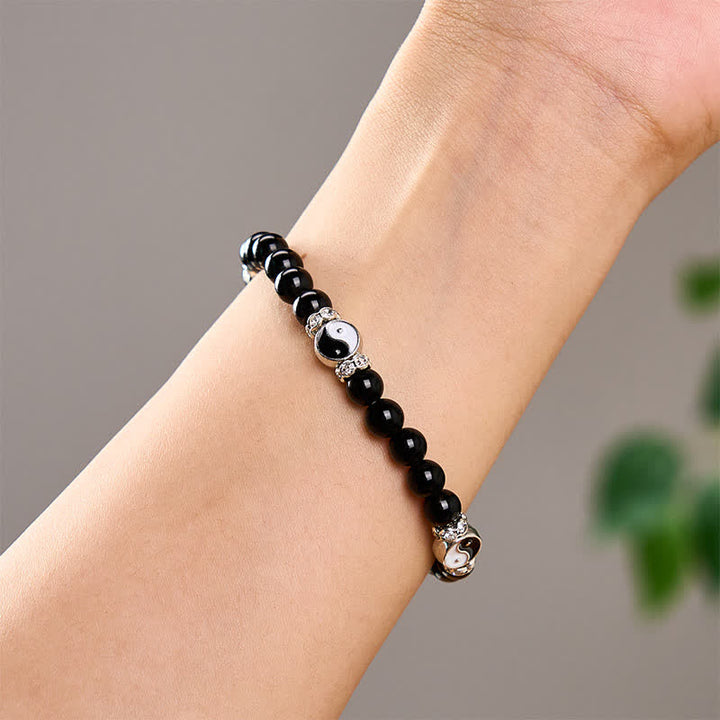 Buddha Stones Bracelet à breloques rondes en obsidienne noire Yin Yang Balance - image 10