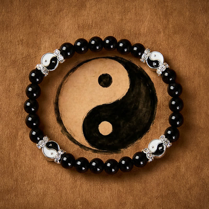 Buddha Stones Bracelet à breloques rondes en obsidienne noire Yin Yang Balance - Yin Yang (Équilibre ♥ Harmonie) - image 0