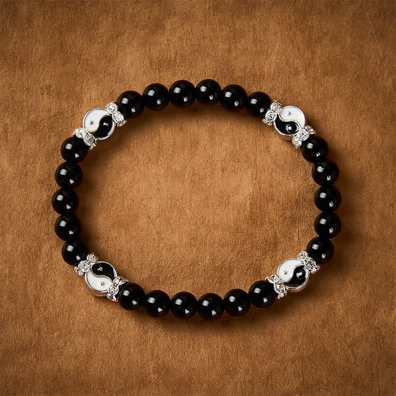 Buddha Stones Bracelet à breloques rondes en obsidienne noire Yin Yang Balance - image 1