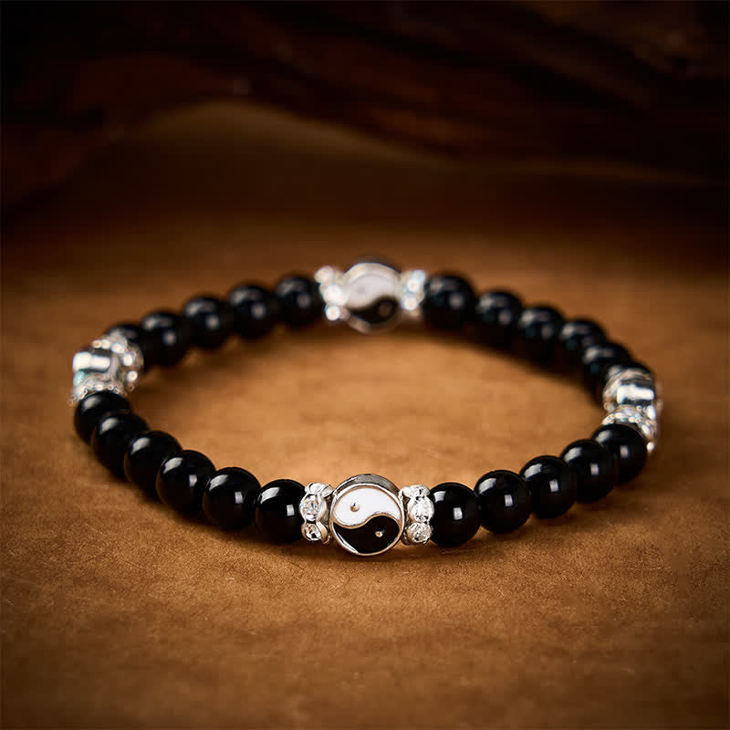 Buddha Stones Bracelet à breloques rondes en obsidienne noire Yin Yang Balance - image 2