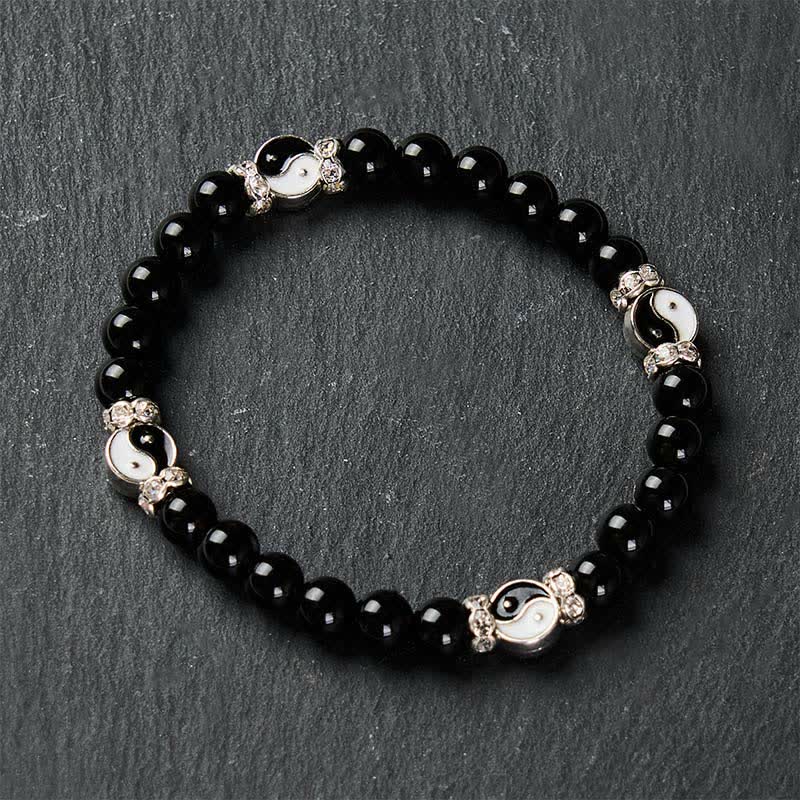 Buddha Stones Bracelet à breloques rondes en obsidienne noire Yin Yang Balance - image 4