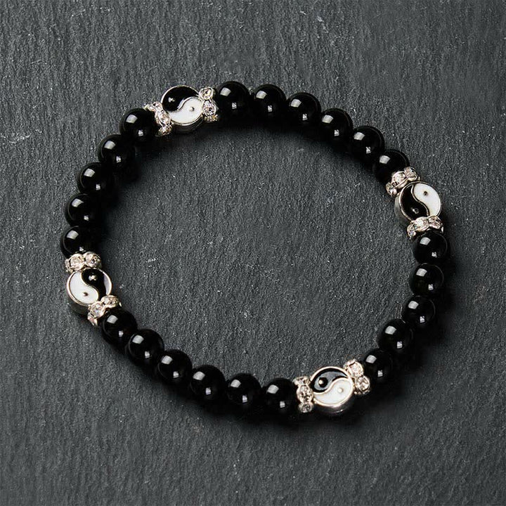 Buddha Stones Bracelet à breloques rondes en obsidienne noire Yin Yang Balance - image 4