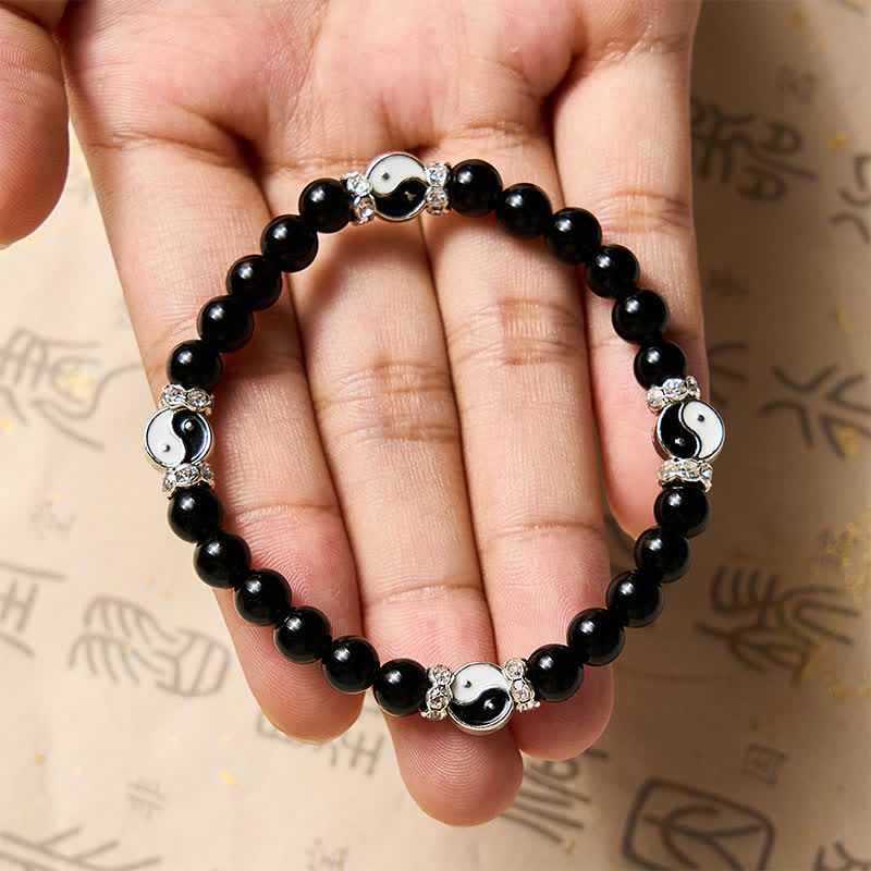 Buddha Stones Bracelet à breloques rondes en obsidienne noire Yin Yang Balance - image 9