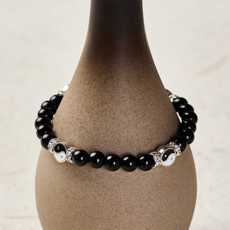 Buddha Stones Bracelet à breloques rondes en obsidienne noire Yin Yang Balance - image 3