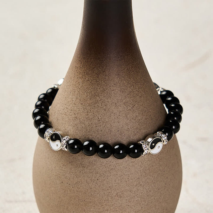 Buddha Stones Bracelet à breloques rondes en obsidienne noire Yin Yang Balance - image 3