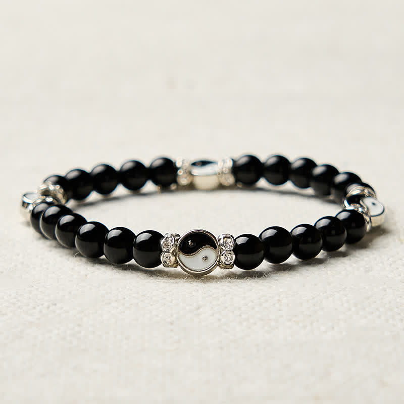 Buddha Stones Bracelet à breloques rondes en obsidienne noire Yin Yang Balance - image 8