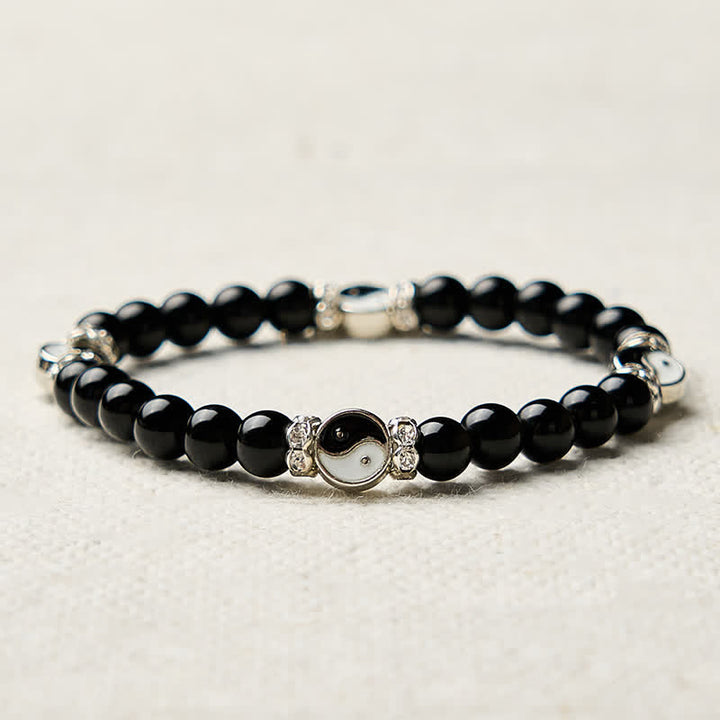 Buddha Stones Bracelet à breloques rondes en obsidienne noire Yin Yang Balance - image 8