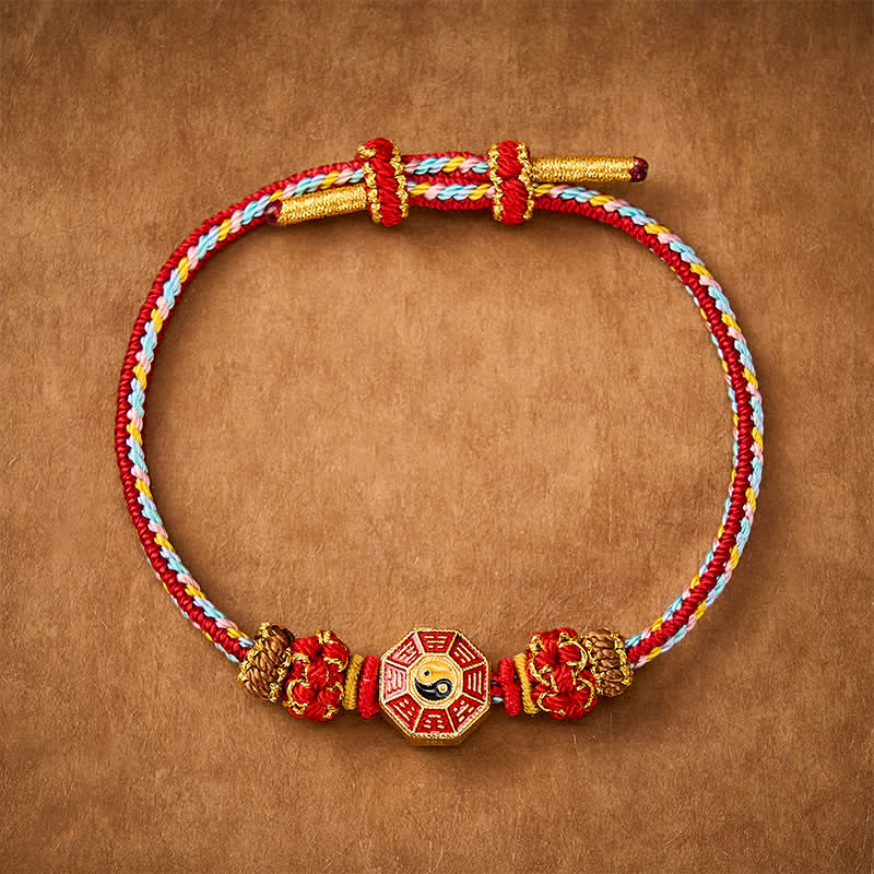 Buddha Stones Bracelet tibétain tressé à la main, orné d'une pièce de monnaie chinoise Bagua et de cordes colorées de protection - Rouge - Fil rouge (Protection ♥ Chance) - image 0