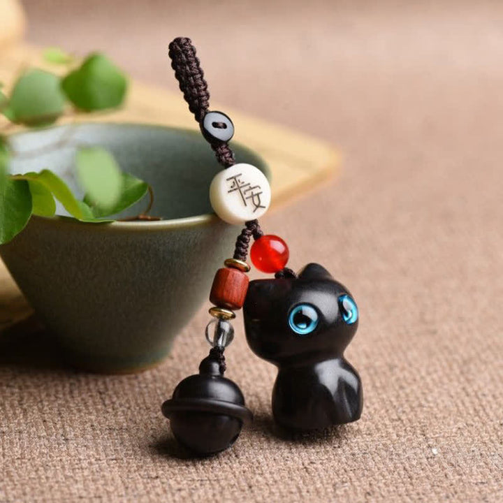 Buddha Stones Porte-clés clochette de protection pour chat sculptés à la main en bois d'ébène et en bois de santal rouge - image 8