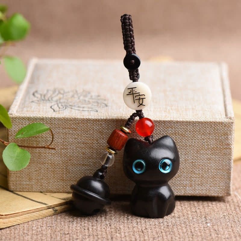 Buddha Stones Porte-clés clochette de protection pour chat sculptés à la main en bois d'ébène et en bois de santal rouge - Bois d'ébène (Équilibre ♥ Calme) - image 7