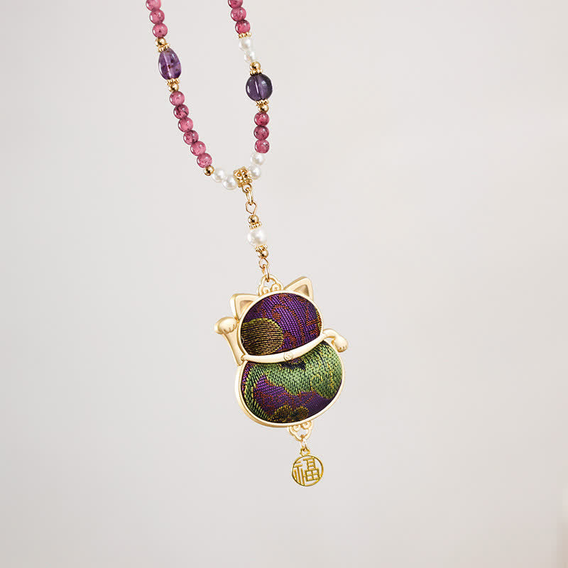 Buddha Stones Collier porte-bonheur en brocart Song, motif chat Fu, symbole de chance et de bénédiction - image 7