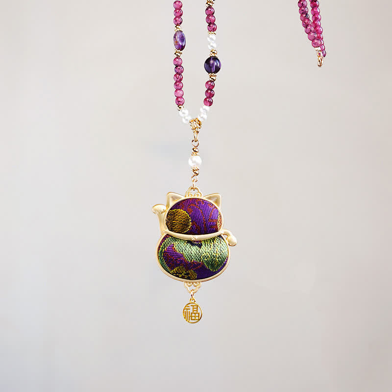 Buddha Stones Collier porte-bonheur en brocart Song, motif chat Fu, symbole de chance et de bénédiction - image 8