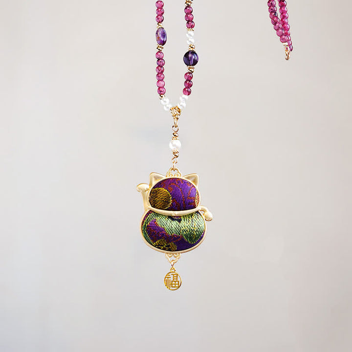 Buddha Stones Collier porte-bonheur en brocart Song, motif chat Fu, symbole de chance et de bénédiction - image 8