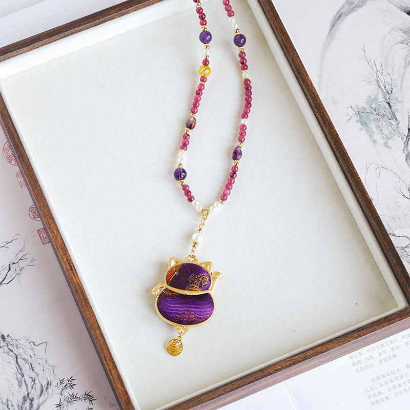 Buddha Stones Collier porte-bonheur en brocart Song, motif chat Fu, symbole de chance et de bénédiction - image 2