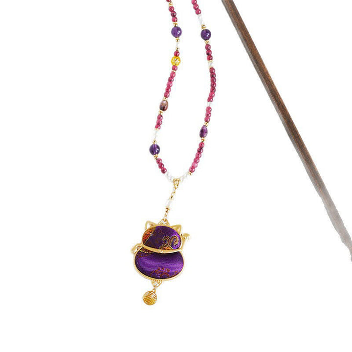 Buddha Stones Collier porte-bonheur en brocart Song, motif chat Fu, symbole de chance et de bénédiction - image 6