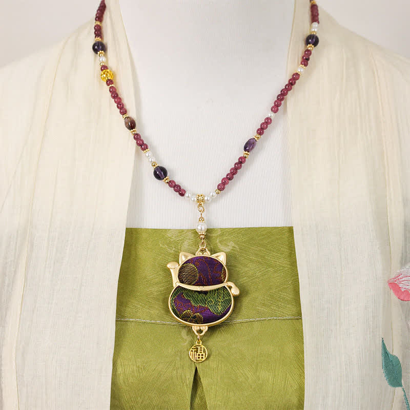 Buddha Stones Collier porte-bonheur en brocart Song, motif chat Fu, symbole de chance et de bénédiction - image 4